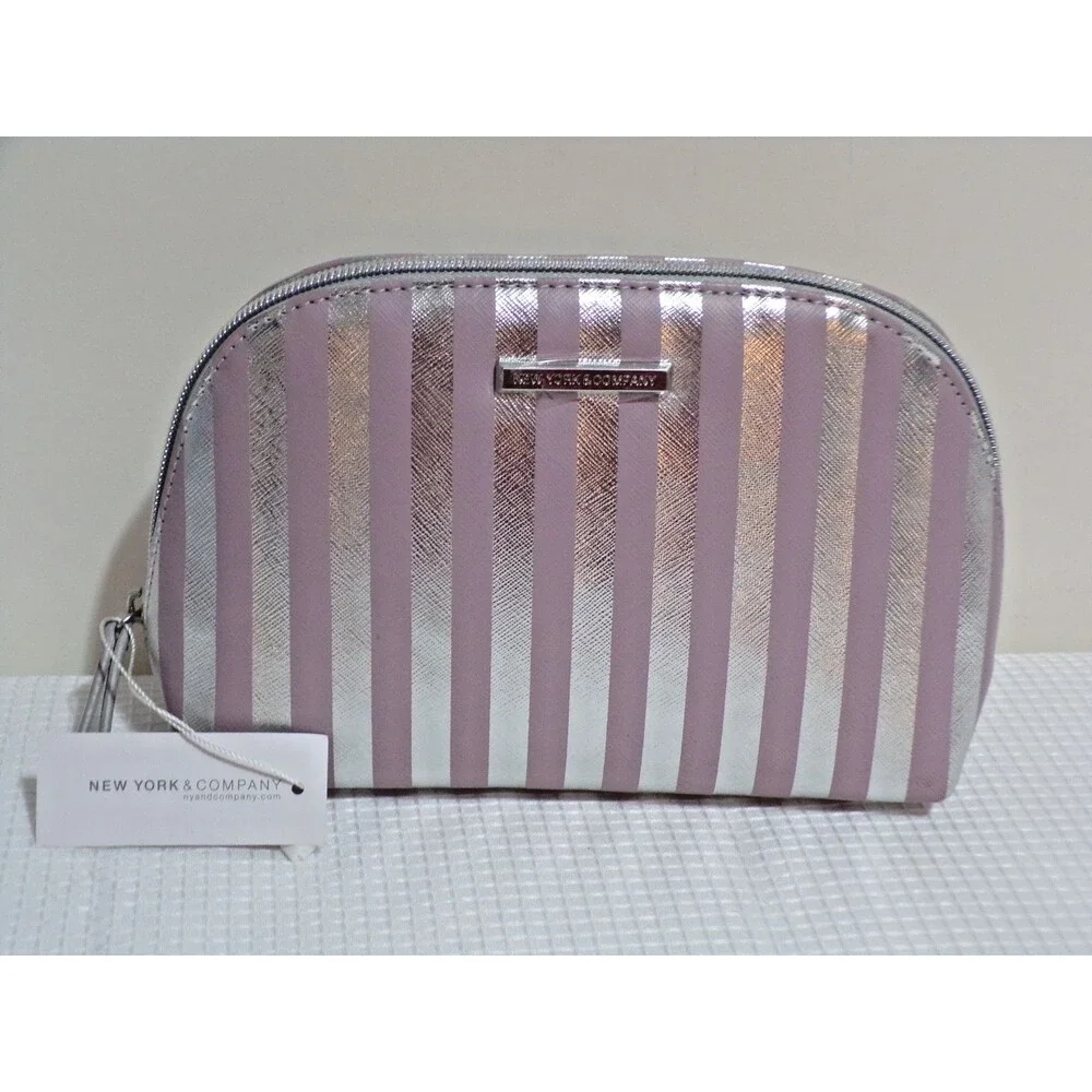 New York & Company Pink & Silver Striped Metallic Cosmitic Bag w/Tag Zipper Clos